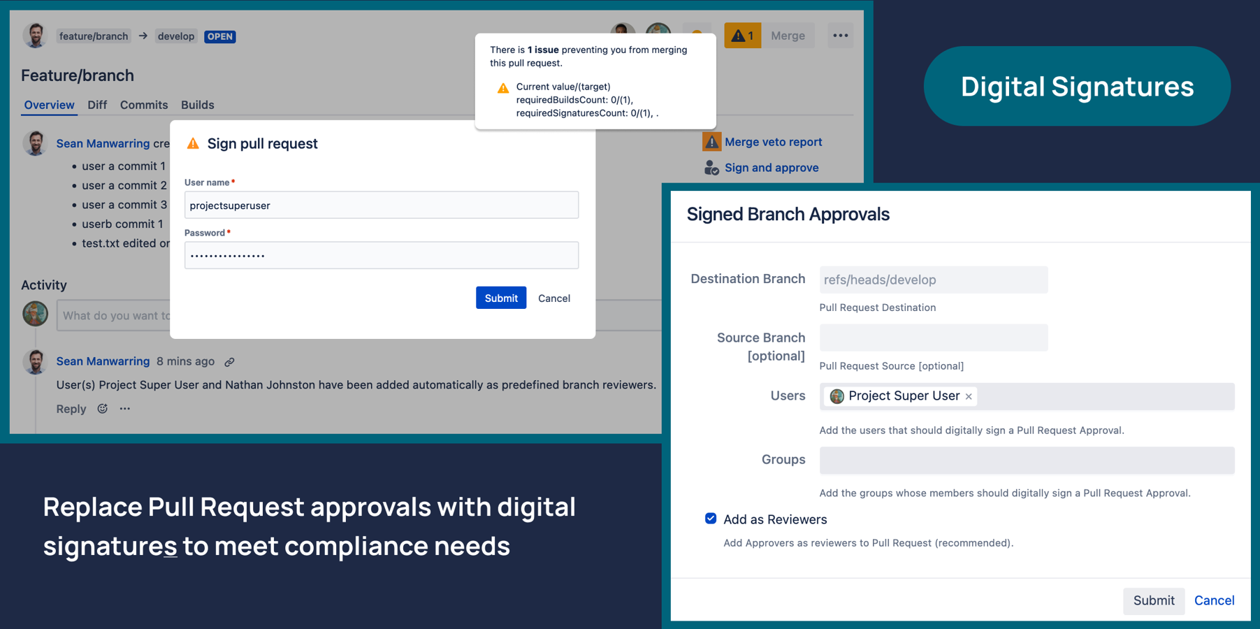Get CFR Part 11 / ISO 900x compliant. Digitally sign Pull Request Approvals.
