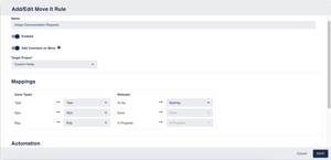 Each move It rule gets you to specify if the name of the rule, if a comment will be added on move, the target project, the mappings for the fields (issue types, statuses, components...) and any automation 