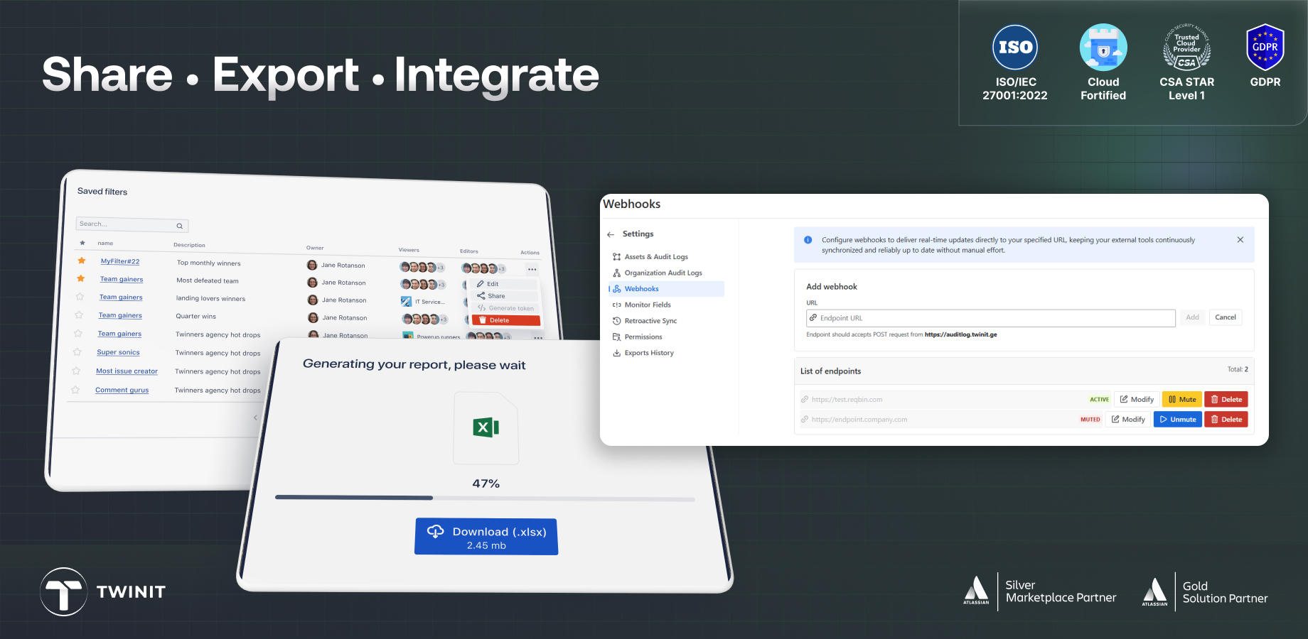 Save, manage, share, schedule subscriptions, and export issue filters. Integrate data using REST API or Webhooks.