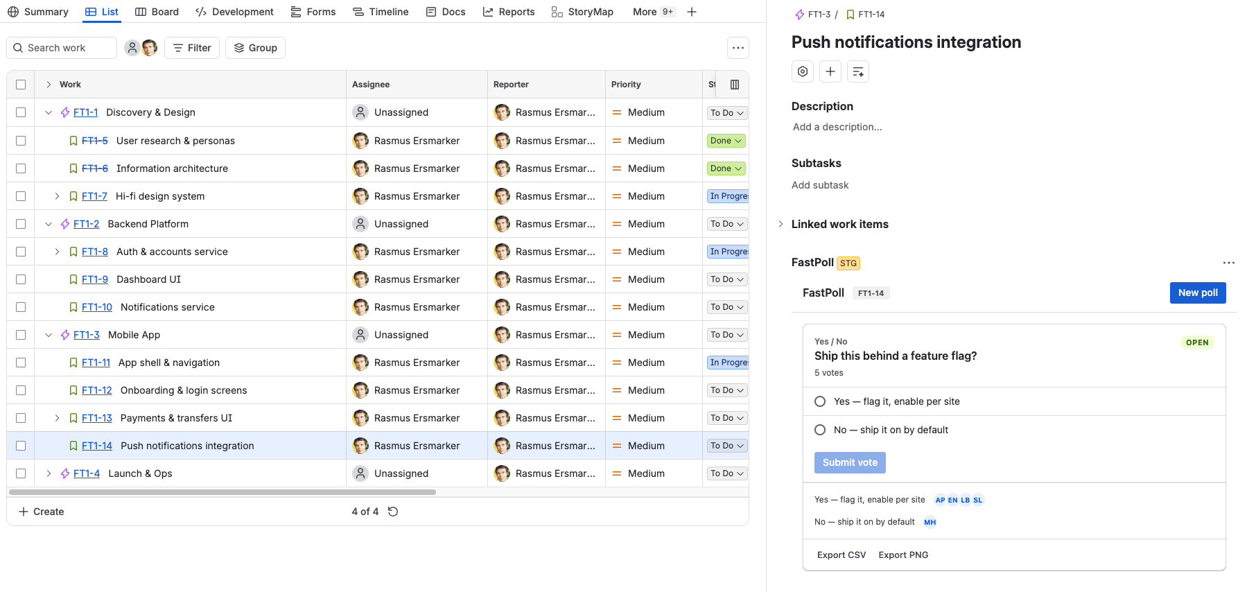 A poll on a Jira issue: one click to vote, live tally bars, and voter avatars showing who picked what.