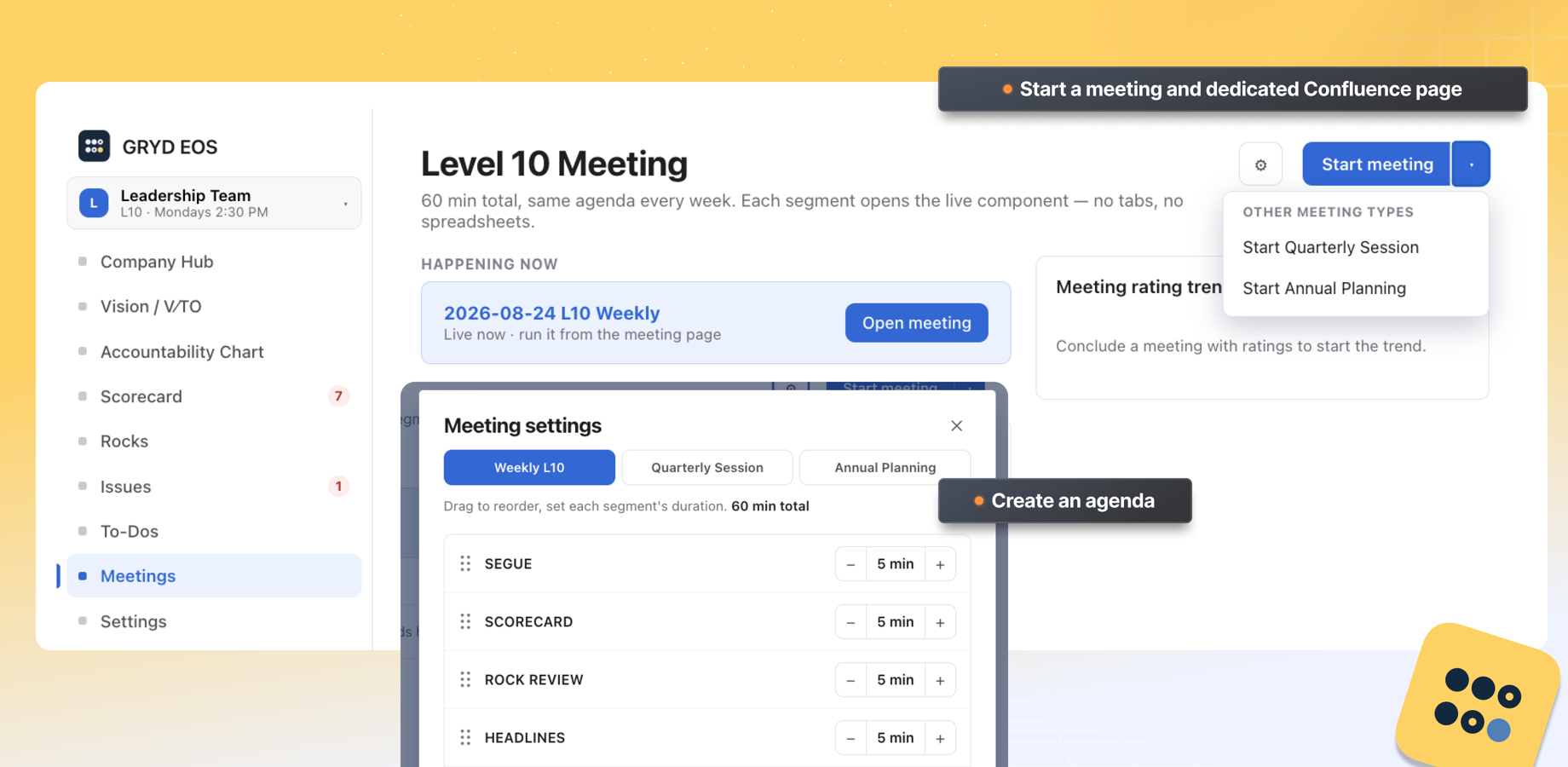 Run exact 90-minute EOS® agendas natively. Auto-create live meeting pages, track action items, use built-in timers, and turn missed targets into IDS Issues with one click to keep your leadership team focused.