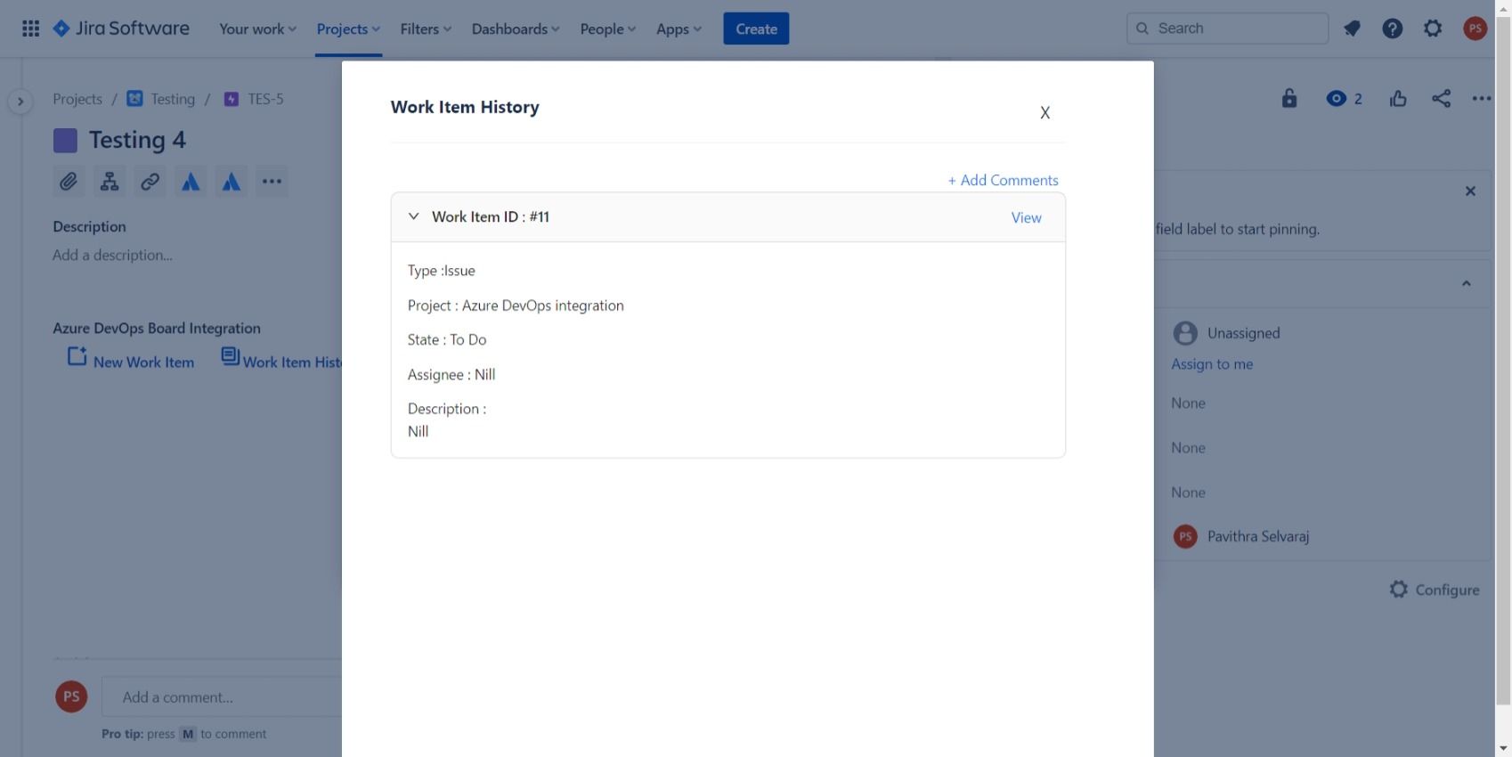 Click on the listed Work Item to view more details of that Work Item.