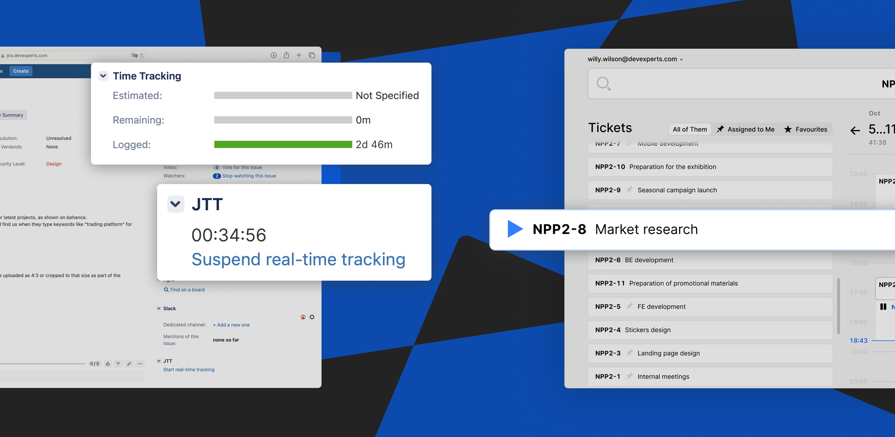 Devexperts Time Tracker for Jira: Screenshots of the plugin panel in Jira and the standalone web app showcasing user-friendly time-tracking functionality.
