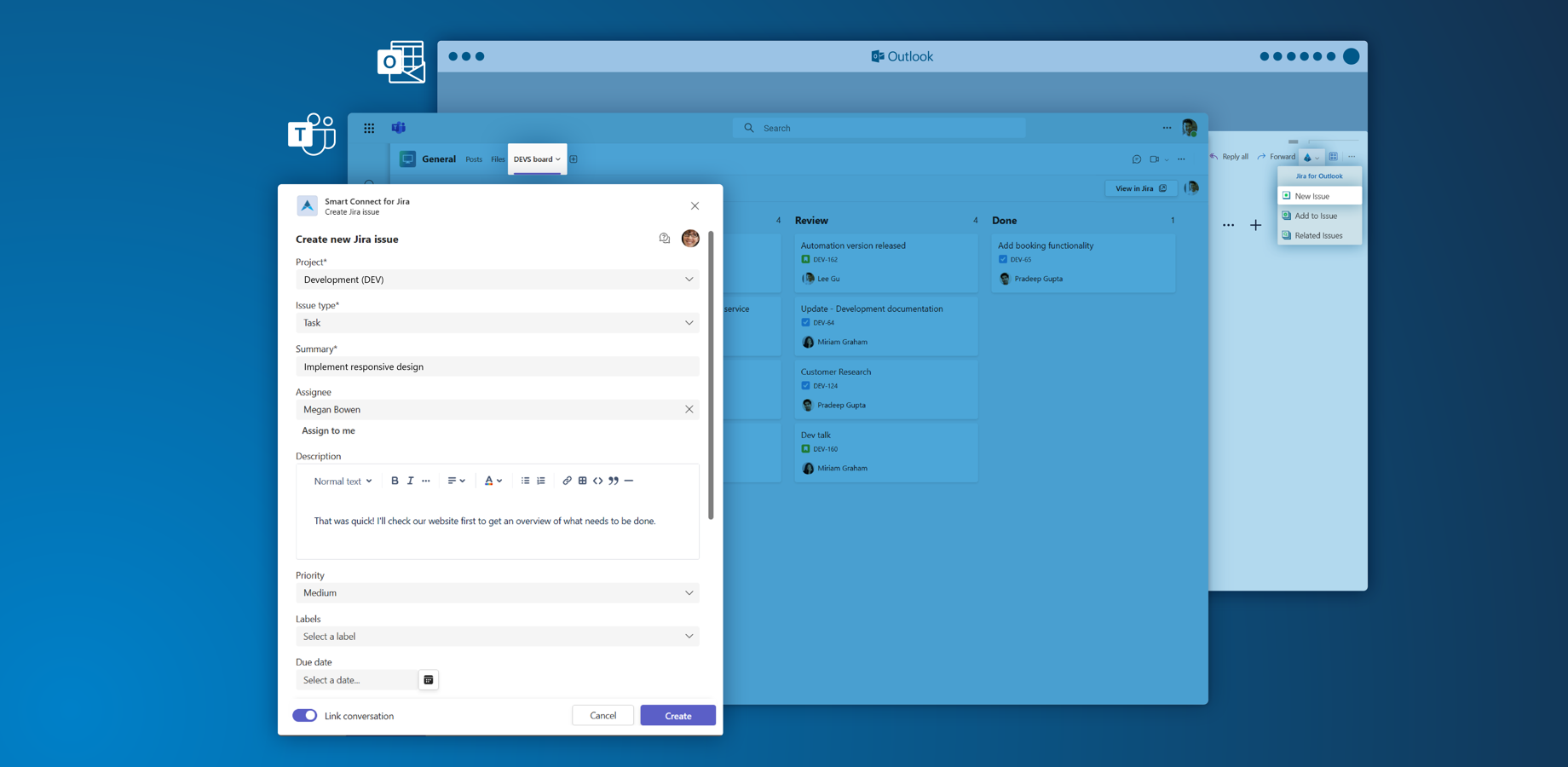 Access all relevant Jira features with add-ins for Microsoft Teams and Outlook. Create new work items from emails or Microsoft Teams conversations, receive notifications and access Jira information in your Office tools.