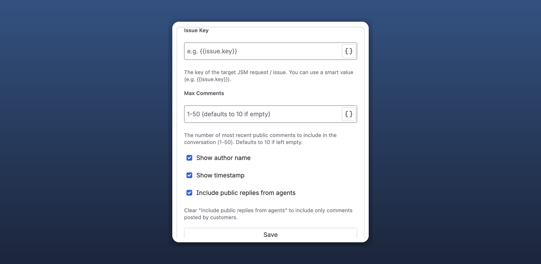 The action's settings in the Jira Automation rule editor.
