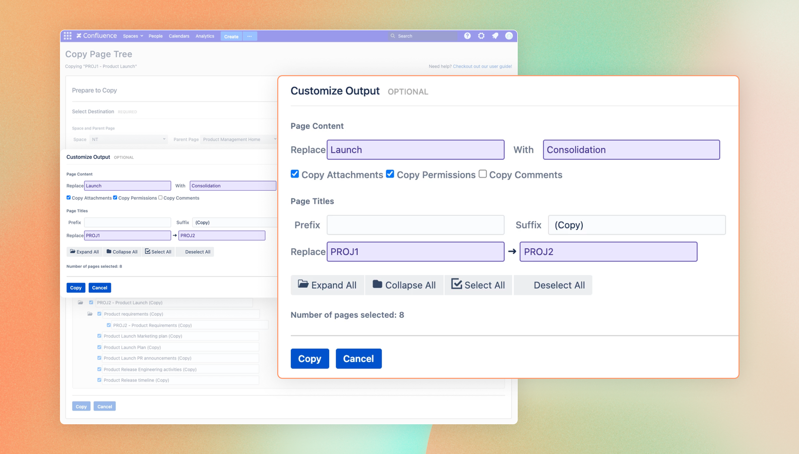 Rename your projects by simply replacing the title to have them launch quicker. Leverage the find/replace function to edit and change content while copying the new set of pages.