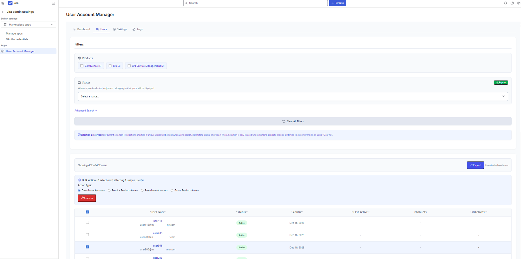 Users tab displaying users with product filters, space selector, bulk action panel with one user selected for deactivation, export button, sortable columns for status, added date, last active, products and inactivity