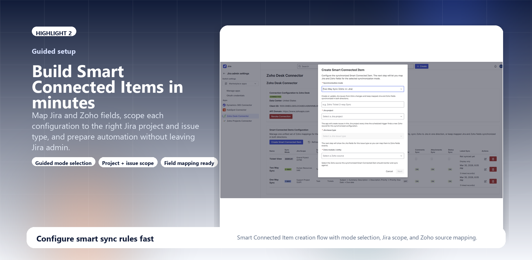 Smart Connected Item creation flow with mode selection, Jira scope, and Zoho source mapping.