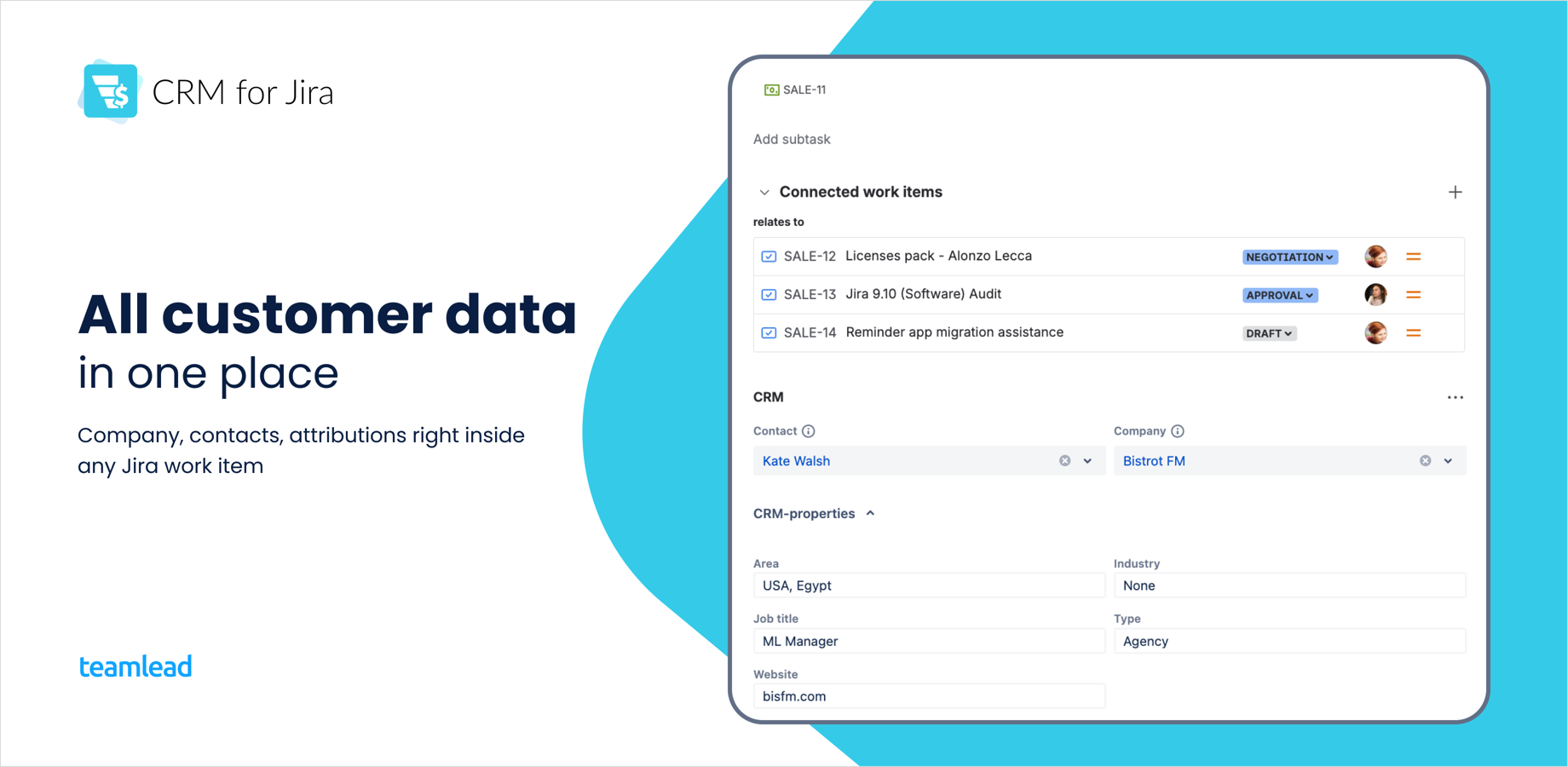 Stop searching for data. See the full customer profile, active contracts, and deal history right inside the Jira issue to provide personalized and faster service.
