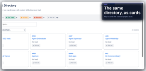 Cards view of the same directory. On Track, At Risk, Blocked, and Not set sit in the summary bar above the grid.