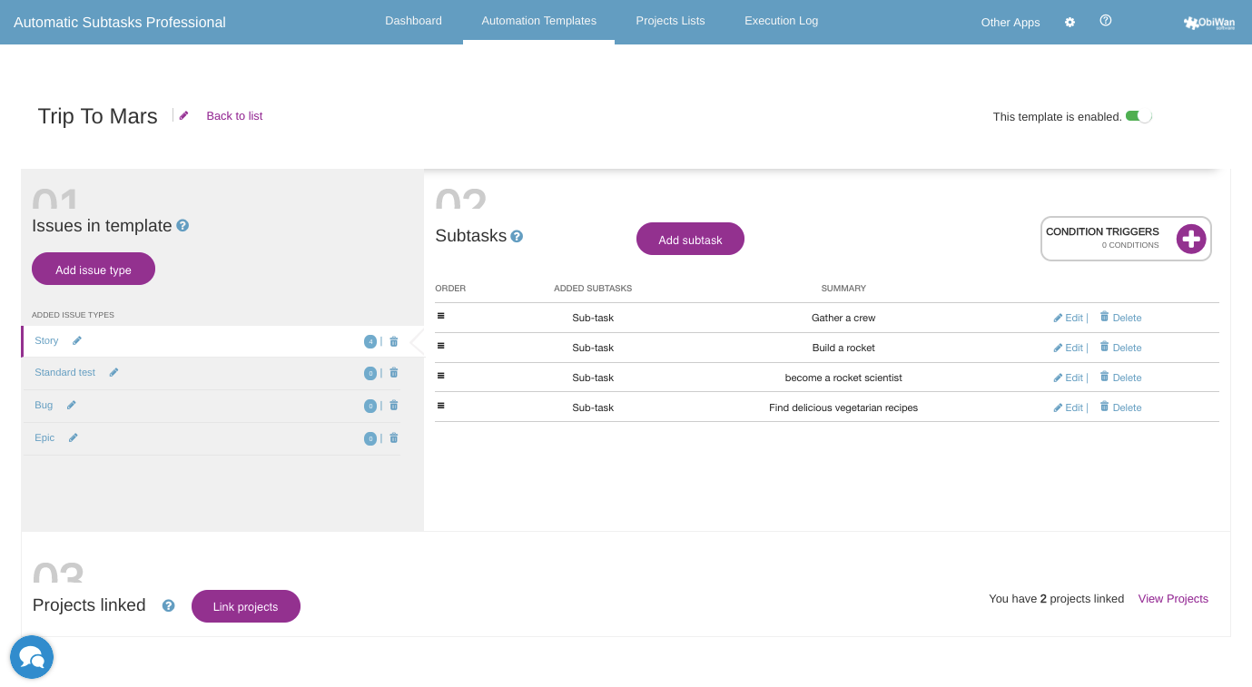 Create sub-tasks view: 1. Add parent issue 2. Add child issues 3. Attach project
