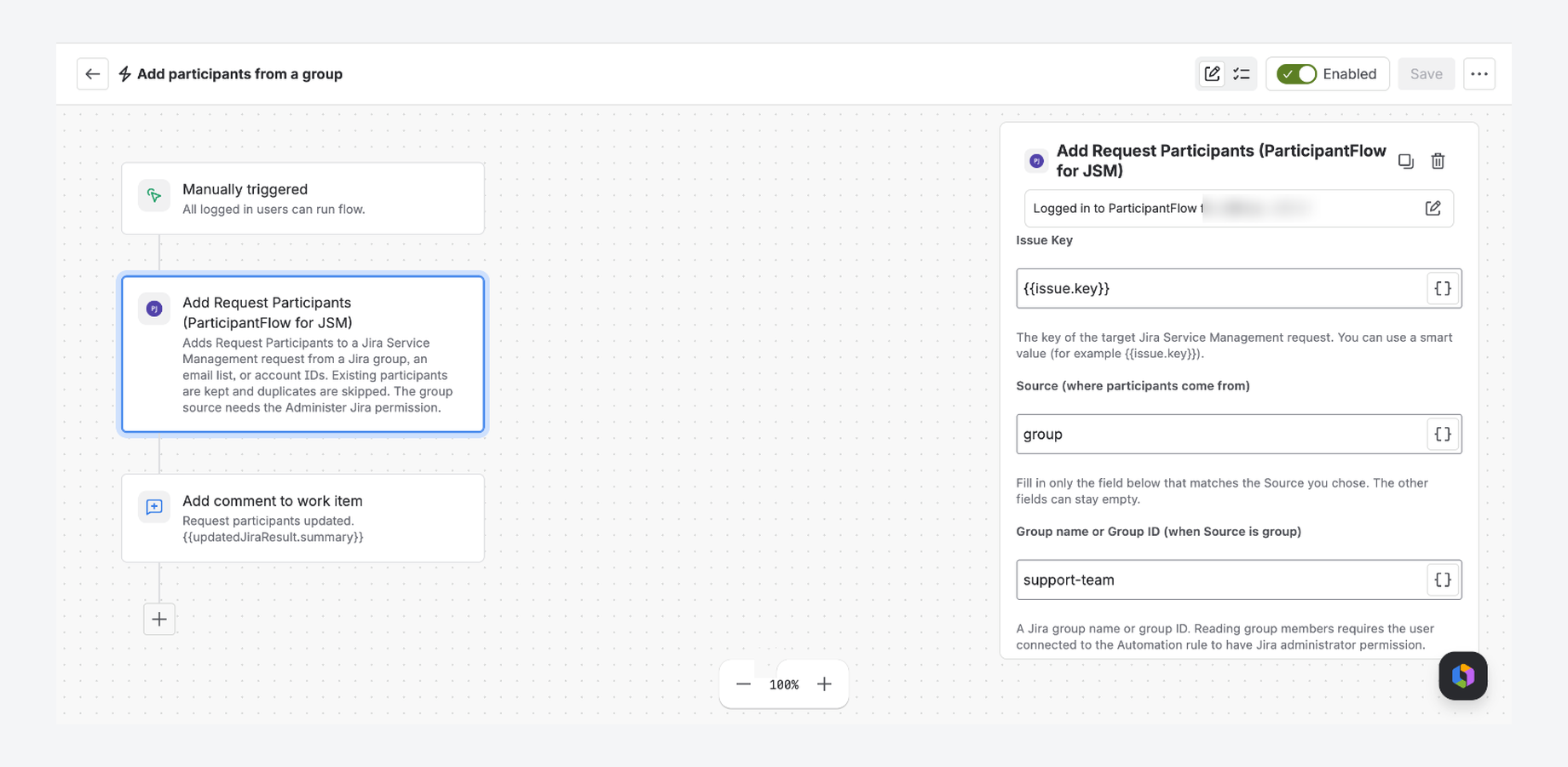 The action in the Automation rule editor: Issue Key, Source and a Jira group name. No API token or web request step.