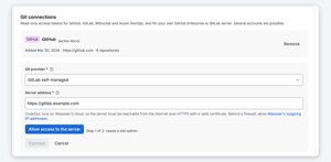 Your own GitHub Enterprise or GitLab server: a site admin approves its address in an Atlassian dialog, then CodeDoc reads it like github.com.