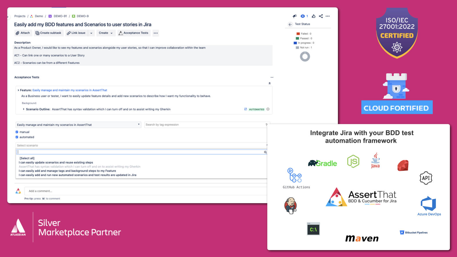 Link BDD scenarios to Jira User Stories for teamwork. Integrate with automation tools for real-time results and manually execute scenarios with created Test Plans