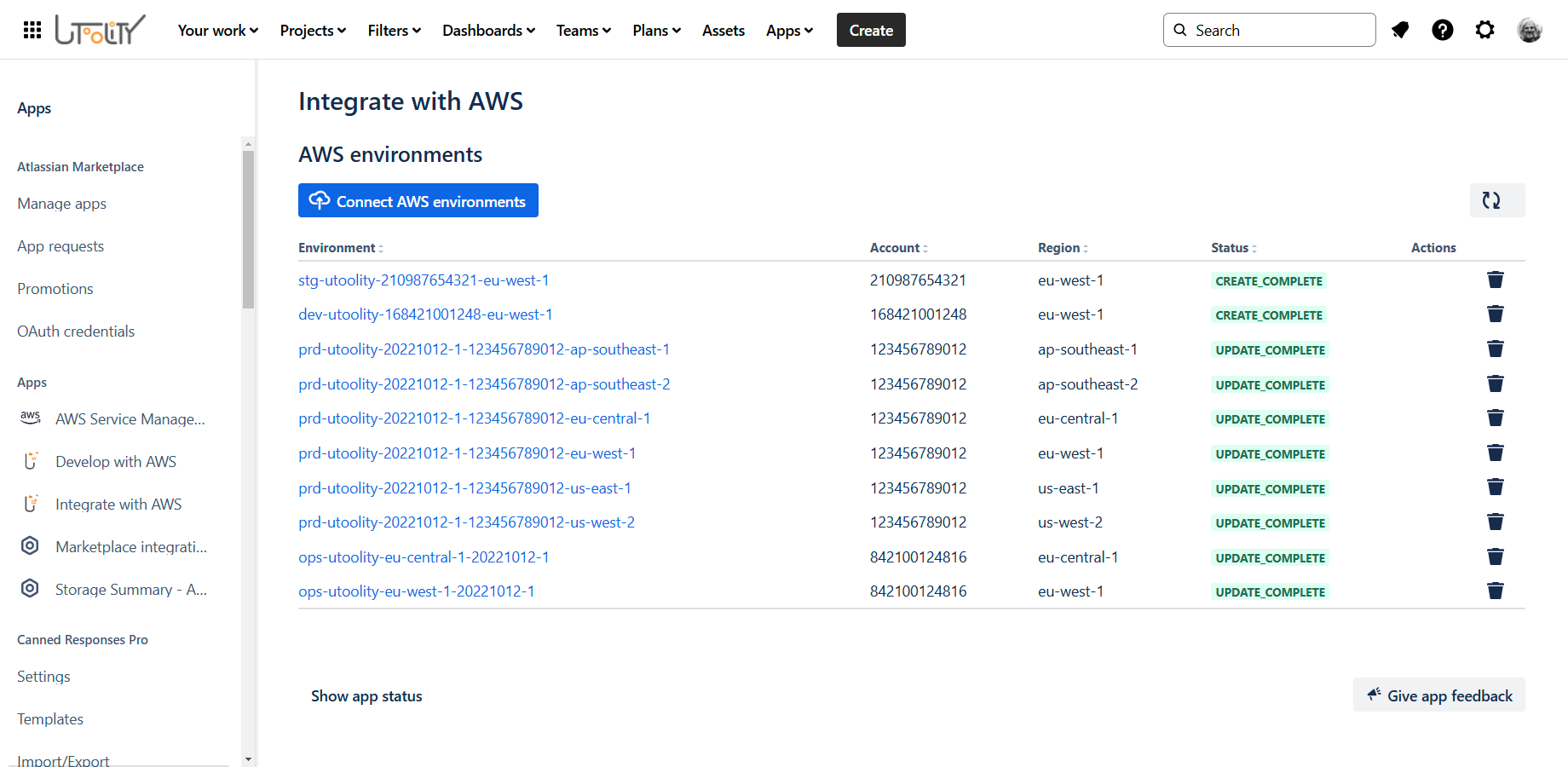 App configuration page with 'AWS environments' table and 'Connect AWS environments' button