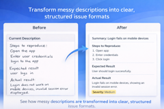 See how messy descriptions are transformed into clear, structured issue formats.