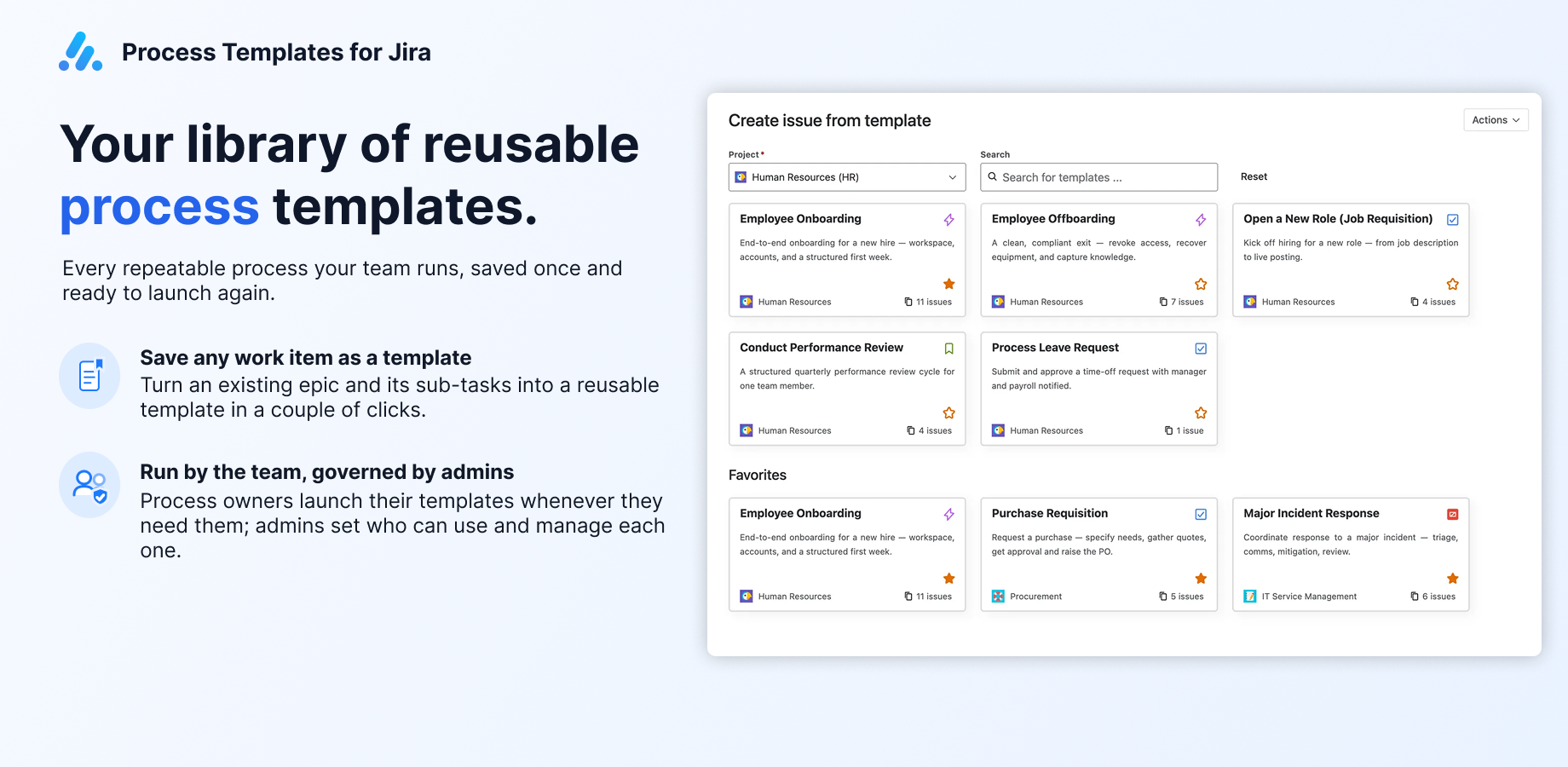 Library of reusable Jira process templates: employee onboarding, offboarding, hiring, performance review, purchase requisition, bug template and major incident response templates, grouped by project.