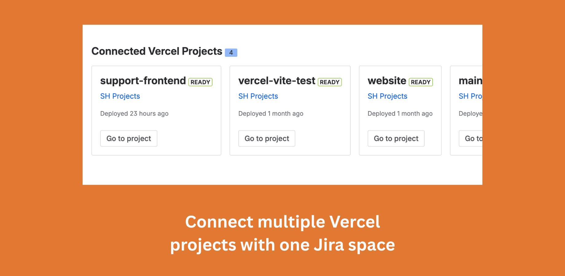 Overview page showing connected Vercel projects in the Vercel DevOps for Jira app.