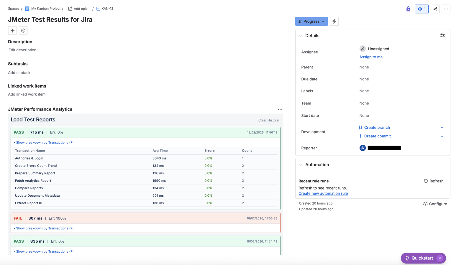 Granular Analysis: Drill down into specific transaction details. See exactly which endpoints failed or exceeded latency thresholds without leaving Jira.