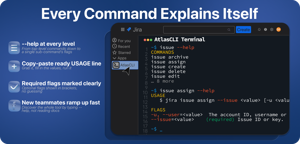 Type --help at any level to see usage and required flags, and learn the tool without reading docs