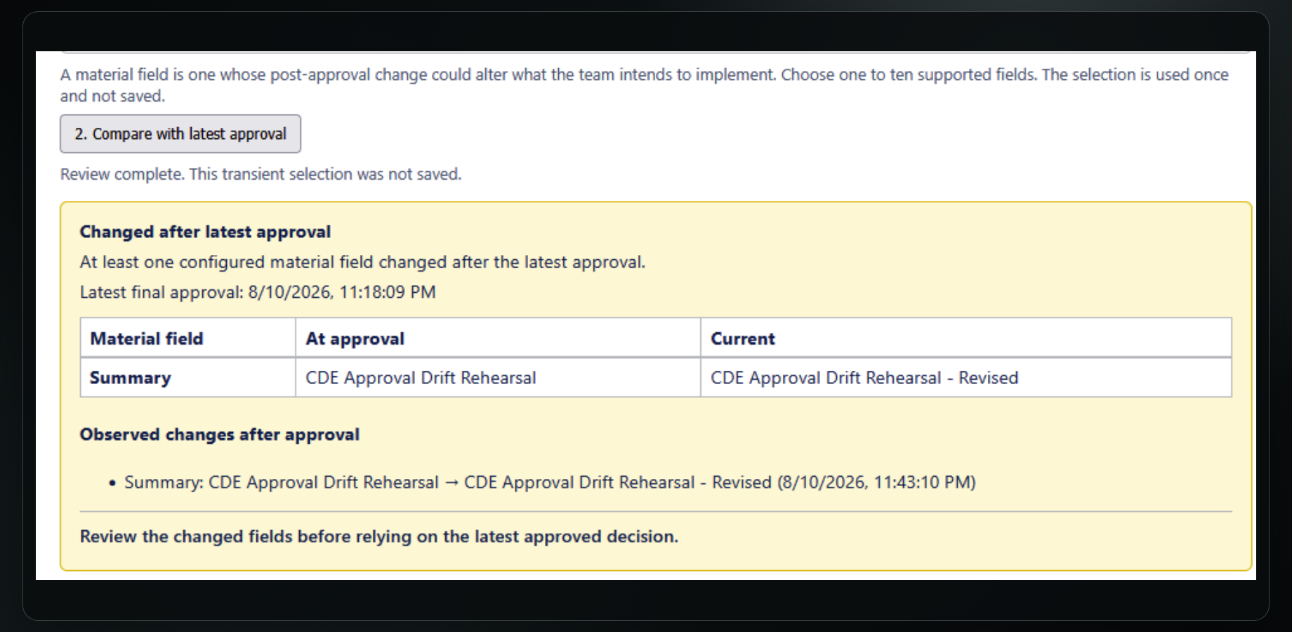 See the approved Summary and the revised current Summary side by side.