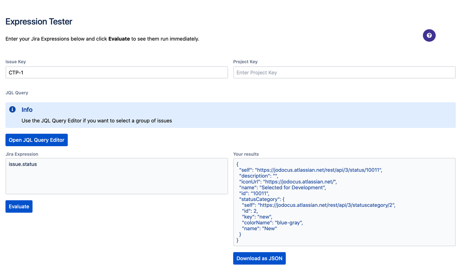 Download your results as JSON.