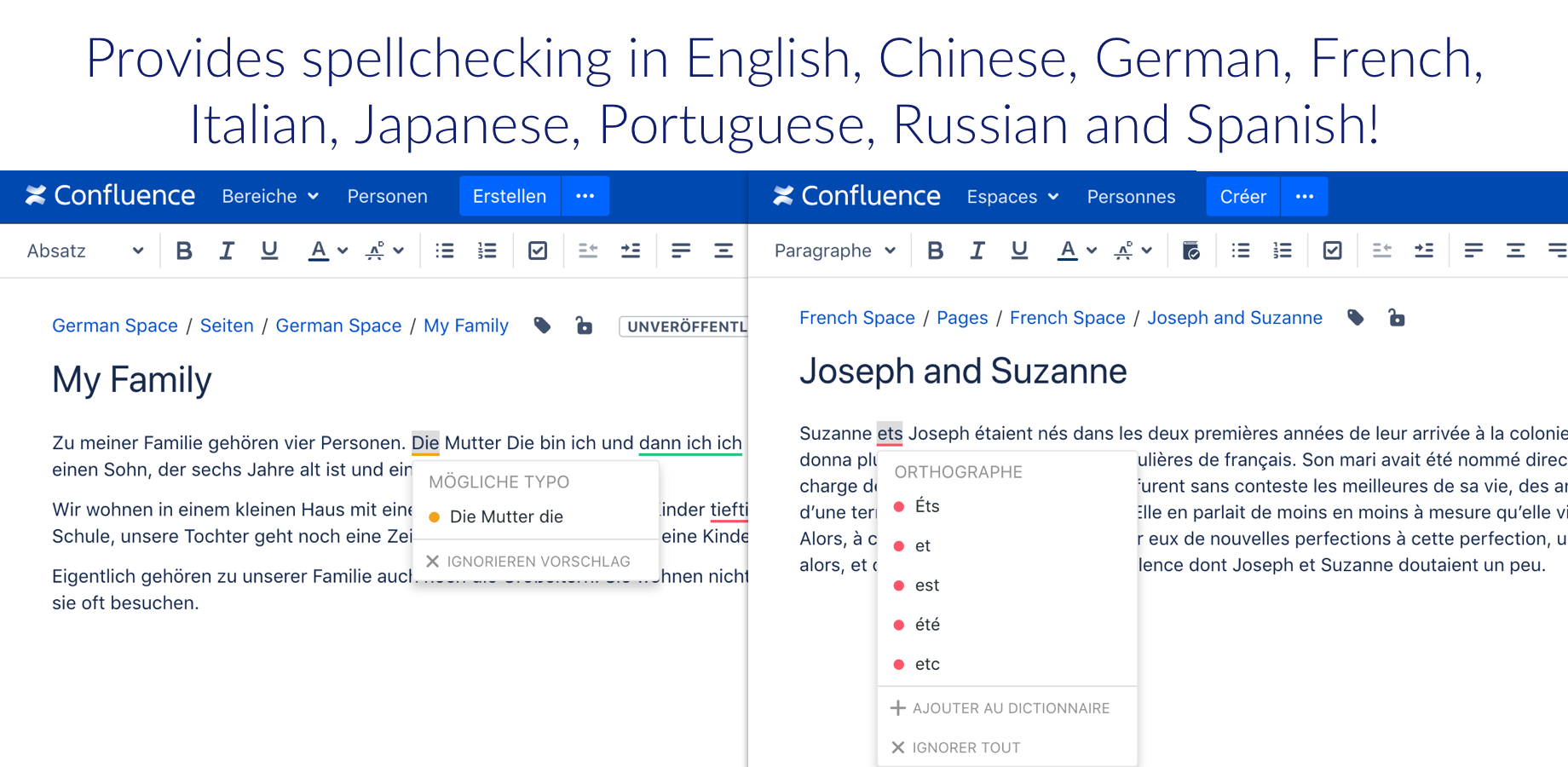 Spellproof provides support in multiple languages like English, Chinese, French, German, Italian, Japanese, Portuguese, Russian, and Spanish.