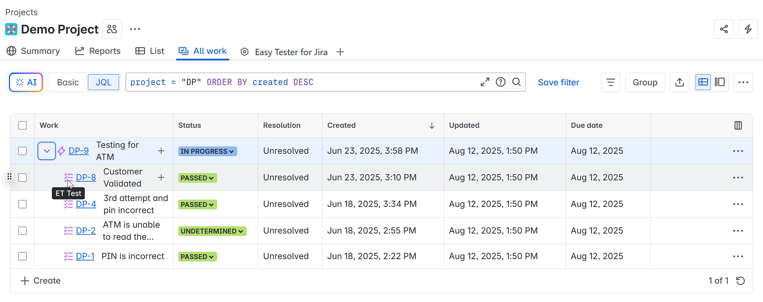 Test Management: Test type page with test steps and statuses