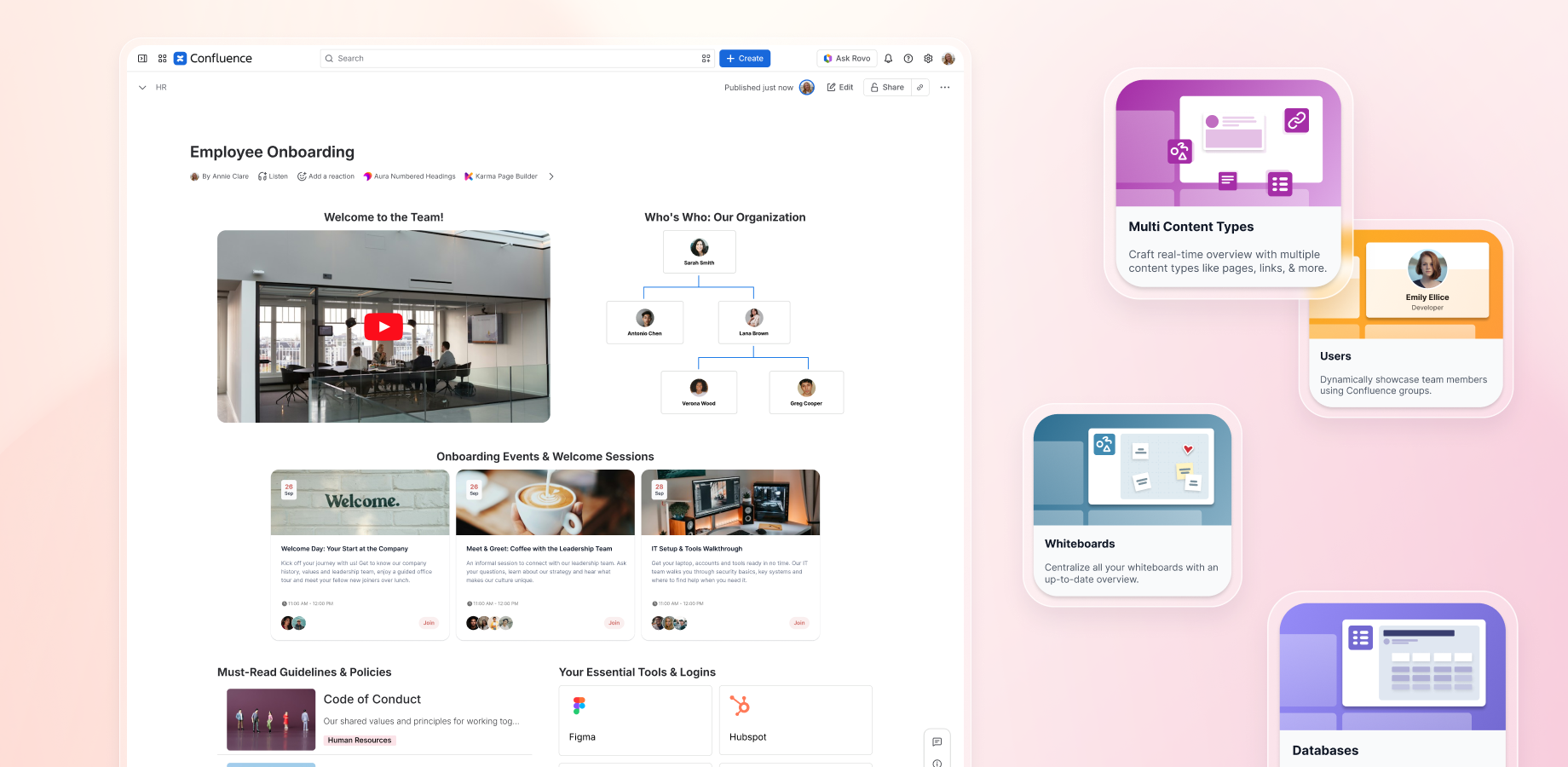 Aura Cards and Buttons in Confluence: Design service overviews, team directories, and landing pages with clickable Cards and styled Call-to-Action Buttons. Create visual hierarchy that guides users through your content.