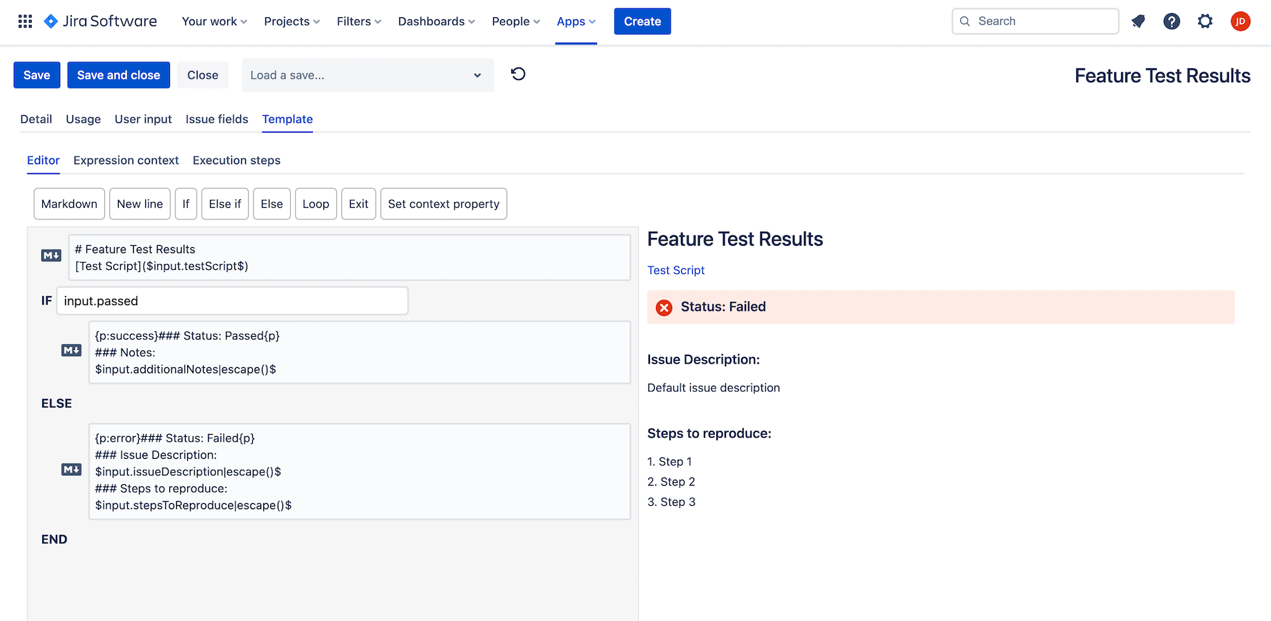 Markdown template for capturing feature test results, making use of user input data to build conditional content for Jira comments.