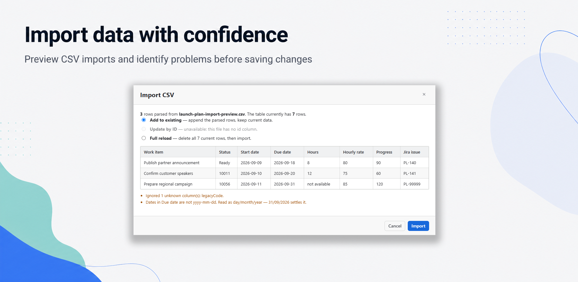 CSV import preview showing parsed rows, import options and detected data issues