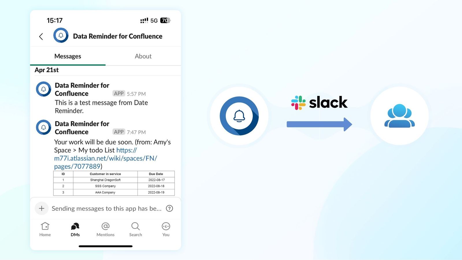 You can receive the reminder via Slack and Email.