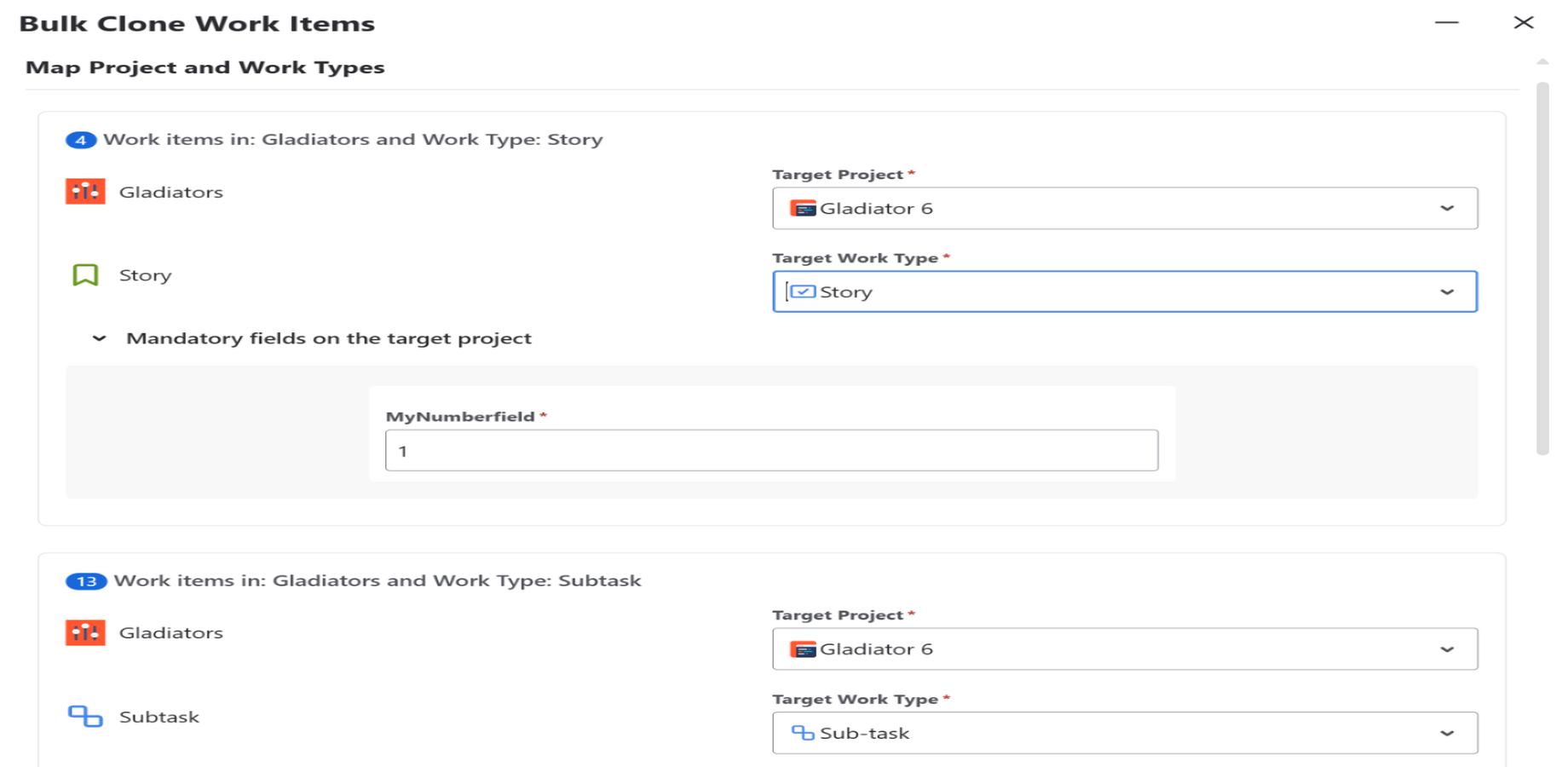 You can direct you cloned set to a different project, alter custom & system field values and set mandatory field values