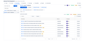 A Test Plan pulls in whole Test Sets and individual cases. Effective scope is what will actually run, with the set each case came from, duplicates counted once, and anything excluded dropped.