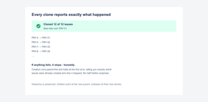 Child issues and their subtasks come along with the hierarchy intact, up to 25 issues per clone