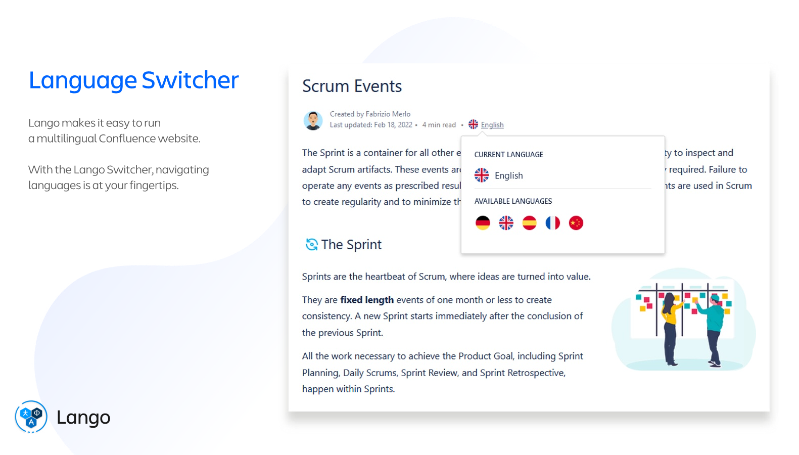 ​Add a simple popup to each page with a list of available translations and a toolset to manage localizazions. You can add a new translation with a click.