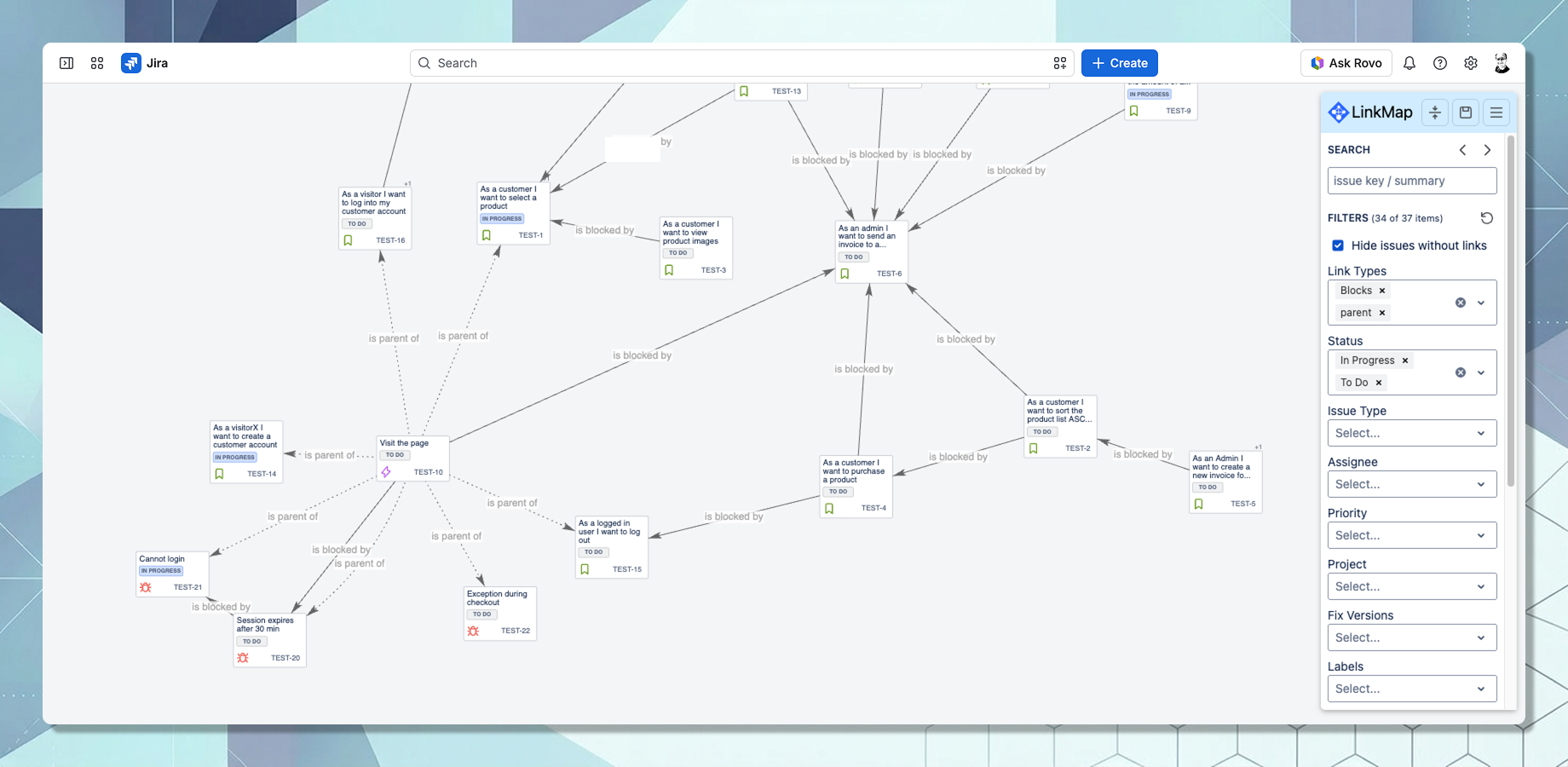 Open LinkMap from any space, backlog, sprint or search result and see thousands of work items as one graph.