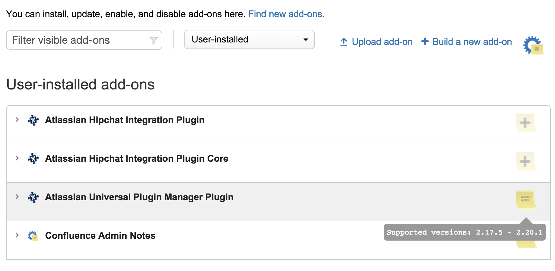 Drop-down list of plugin notes