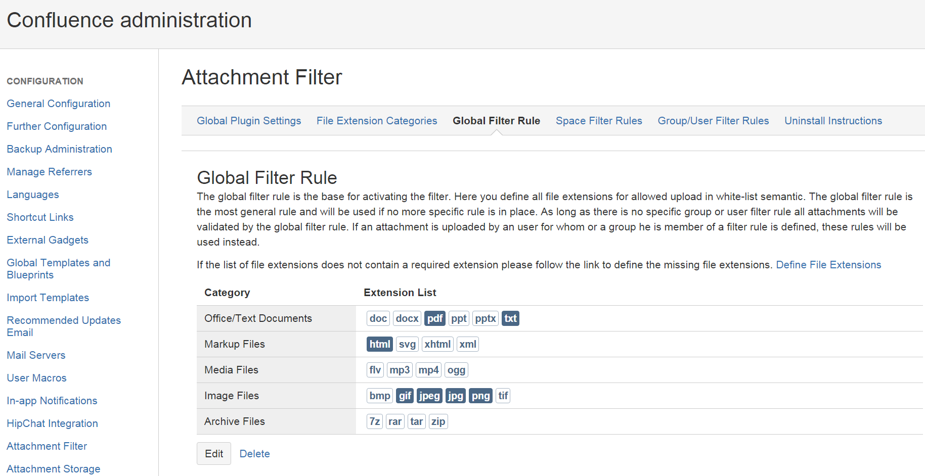 You can define global rules which govern the list of file extensions eligible for file upload. These rules apply when no other user or group specific rules have been set up.