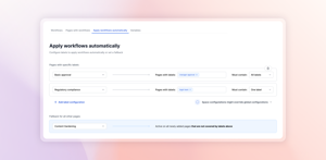 Apply a workflow per page, in bulk across a space, or automatically by label, and use variables so one template resolves the right approvers per page. Expiry dates and review reminders keep content from going stale.