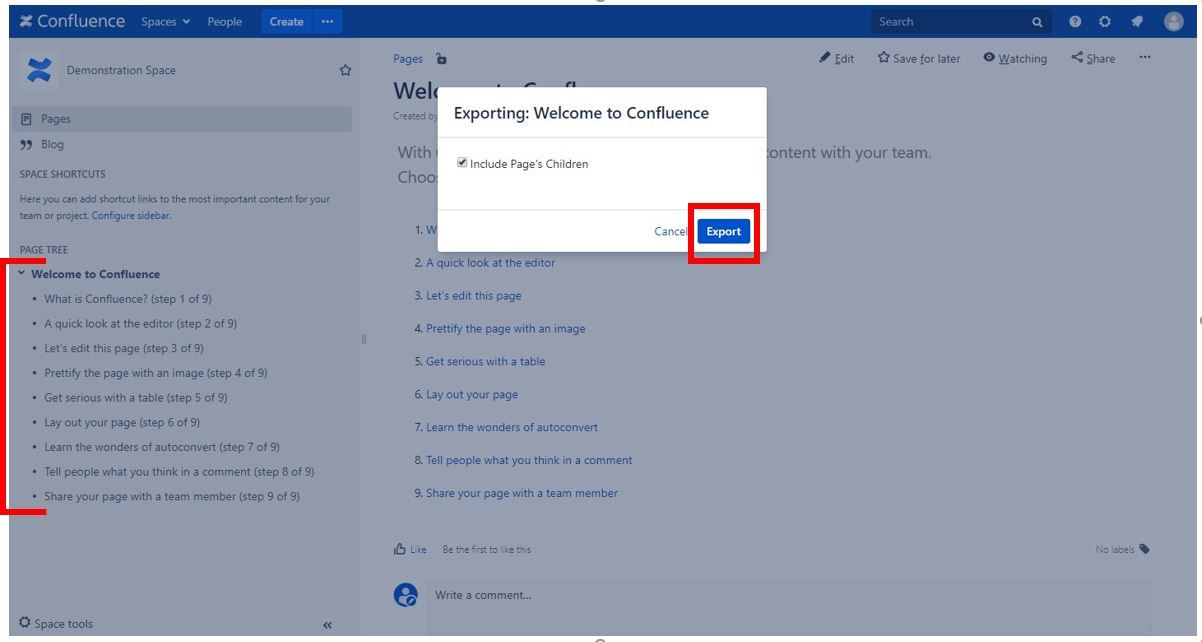 Export an individual page or multiple pages