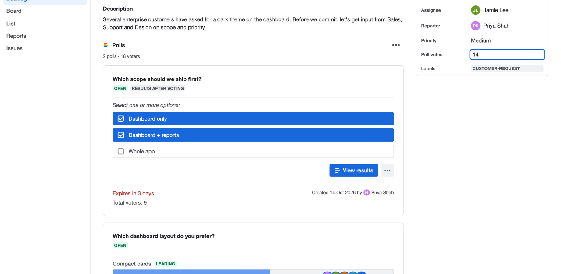 A Jira issue with a multiple choice poll in the Polls panel and the Poll Votes field in the issue's details.