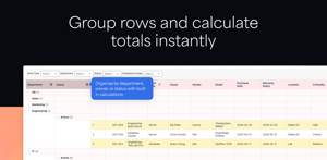 Organize data by any column and automatically calculate totals, averages, counts, and more. Create structured views that make large datasets easier to analyze and share.