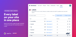 The Labels page in Jira settings shows every label on your site. Search the list, page through hundreds of labels, check issue and project counts, and rename or delete any label from its row.