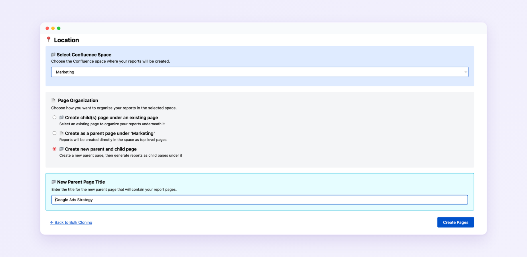 Destination and hierarchy settings to place new pages under the right parent page.