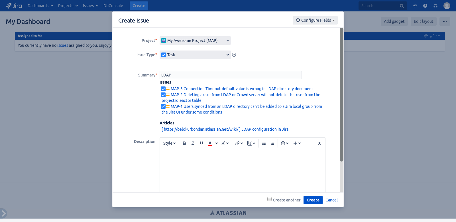 See already created issues and articles by typing your issue's summary