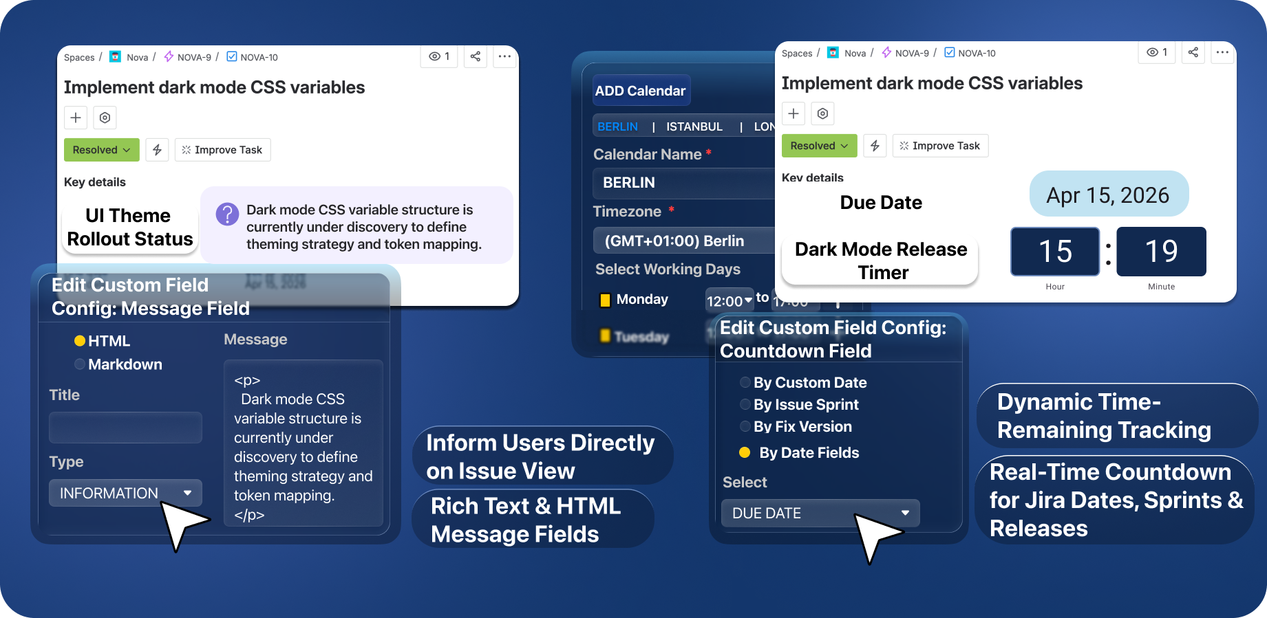 Our custom fields allows you to show and store different type of data on Jira issues.