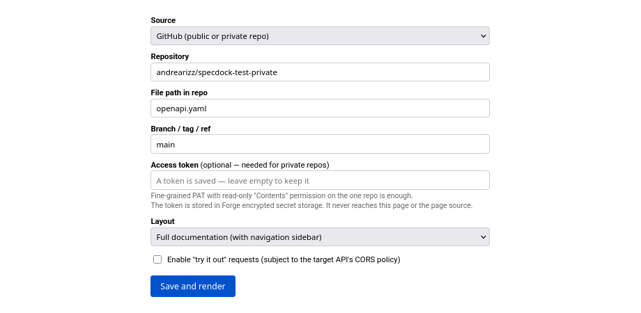The macro configuration form: the saved token is never displayed, and SpecDock suggests the minimal read-only scopes for each provider