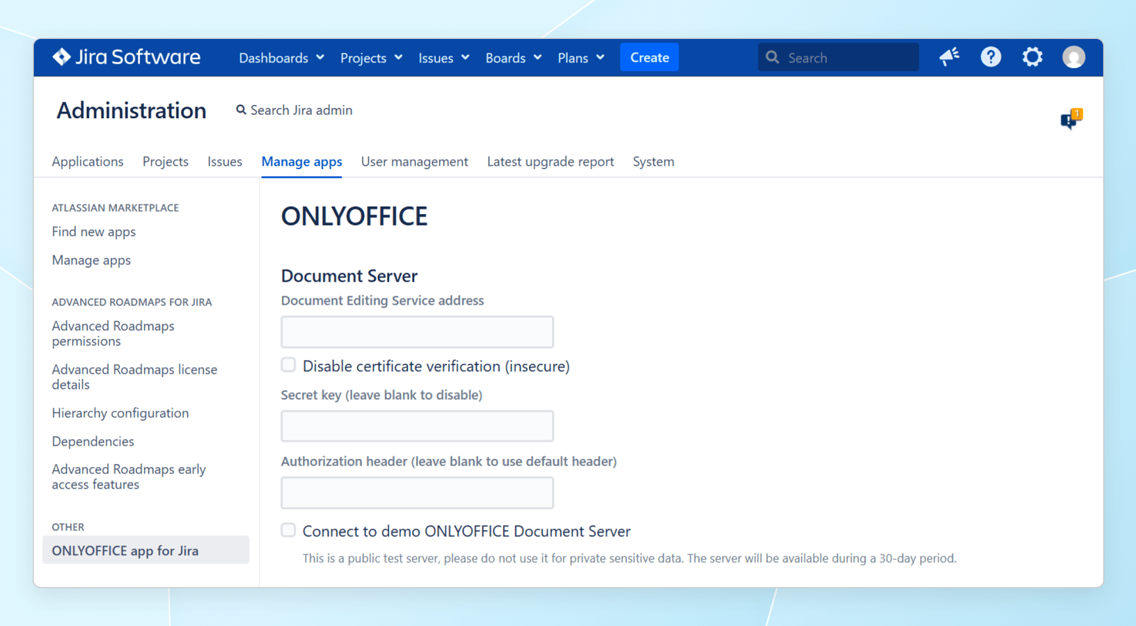 In this screenshot, you can see the configuration page of ONLYOFFICE Document Server within Jira Software.