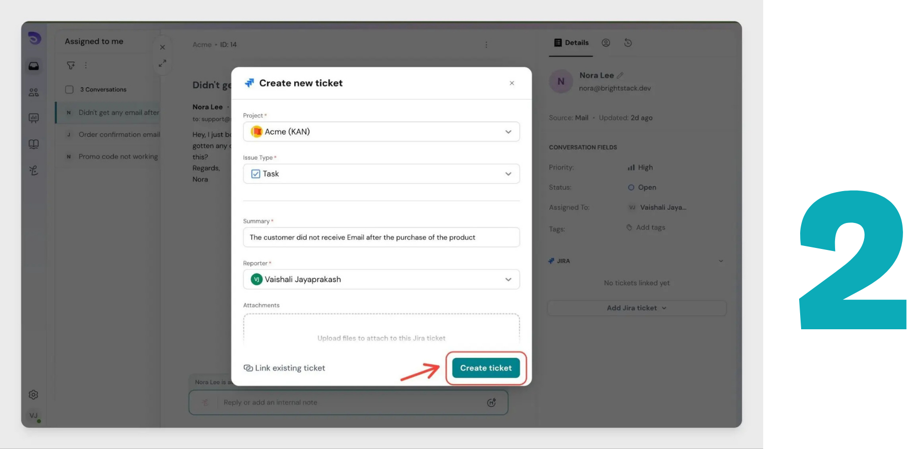 Fill in project, issue type, summary and attachments to create a Jira ticket directly from SparrowDesk